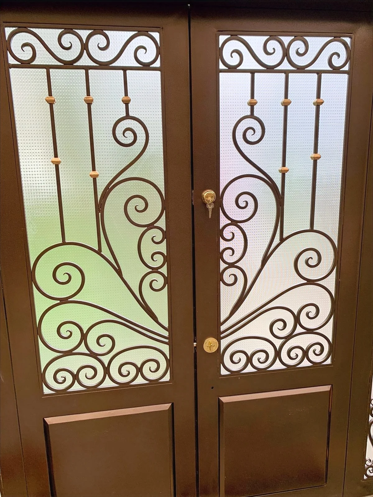 Puerta doble con forja en espiral y vidrio
